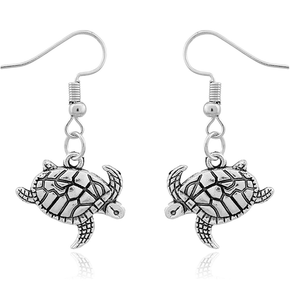 Cute Turtle Dangle Earrings Hook Vintage Silver Plated Sea Tortoise Earrings